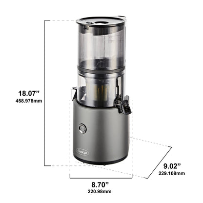 Gray coffee grinder with dimensions labeled on a white background