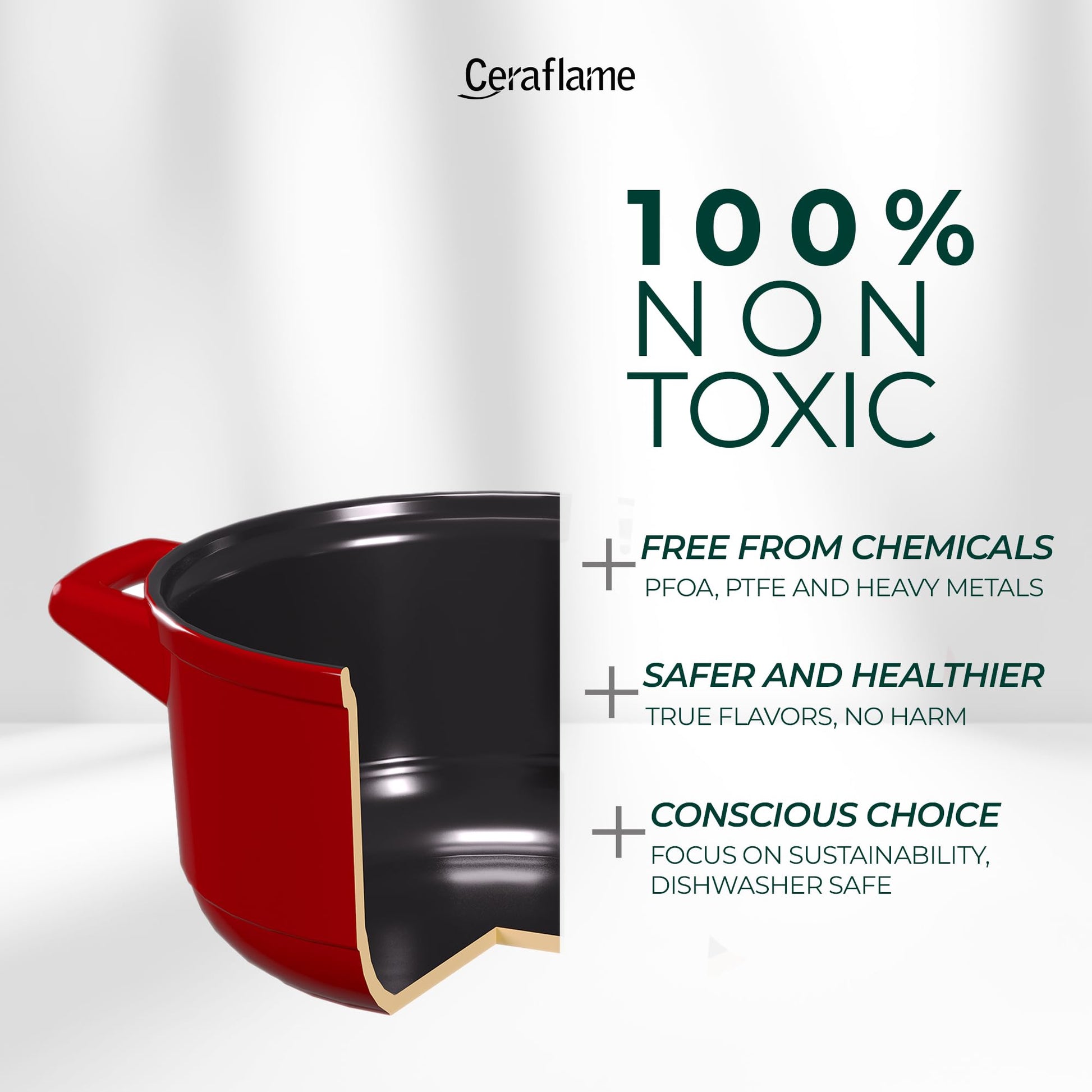 Red pot with black interior on a white background, featuring Ceraflame branding and non-toxic product information.