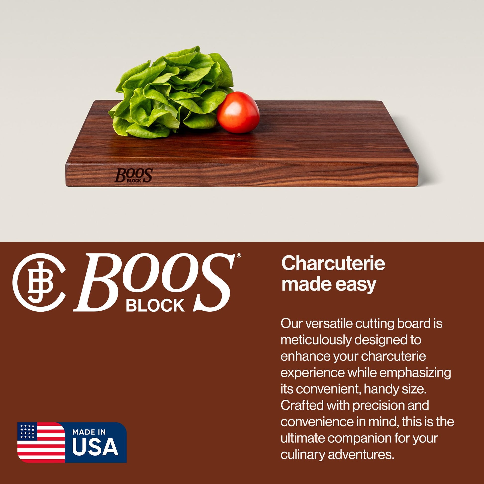 Wooden cutting board with vegetables on a light background, featuring the Boos Block brand.