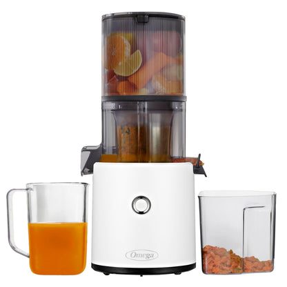 Omega juicer with fruits inside, a glass of juice, and a container of pulp on a white background