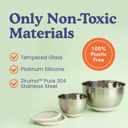 Stainless steel mixing bowls with non-toxic material claims on a green background