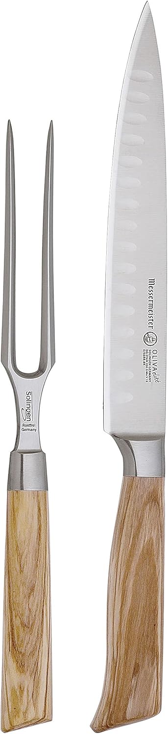 Set of two kitchen knives, Messermeister Oliva Elite Carving, with wooden handles on a white background