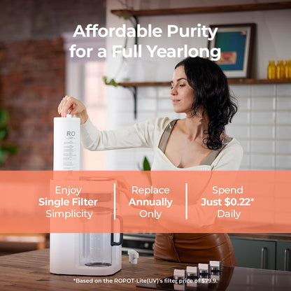 Woman holding a water filter with promotional text about affordability and simplicity.