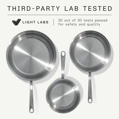 Set of three stainless steel pans with Light Labs branding and third-party lab testing information.