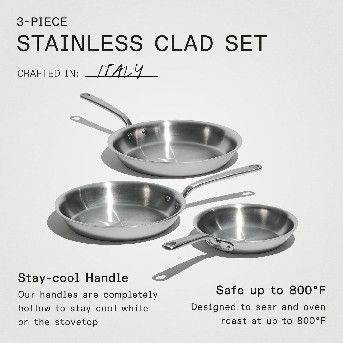 Three stainless steel frying pans with handles on a light gray background, labeled '3-Piece Stainless Clad Set'.