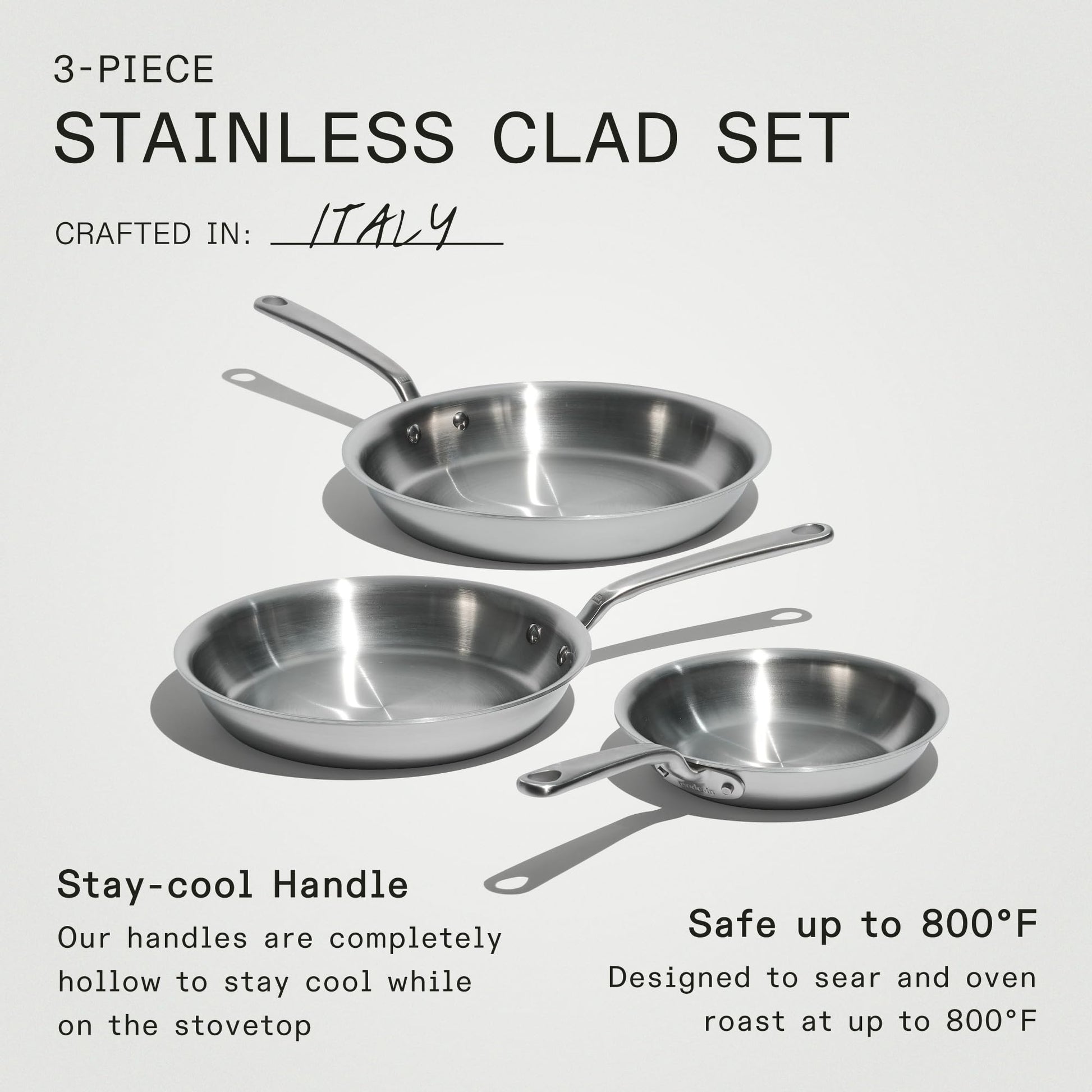 Three stainless steel frying pans with handles on a light gray background, labeled '3-Piece Stainless Clad Set'.