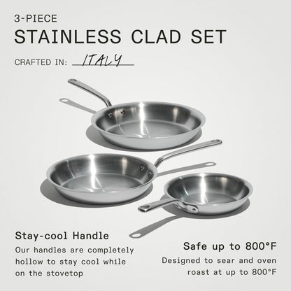 Three stainless steel frying pans with handles on a light gray background, labeled '3-Piece Stainless Clad Set'.