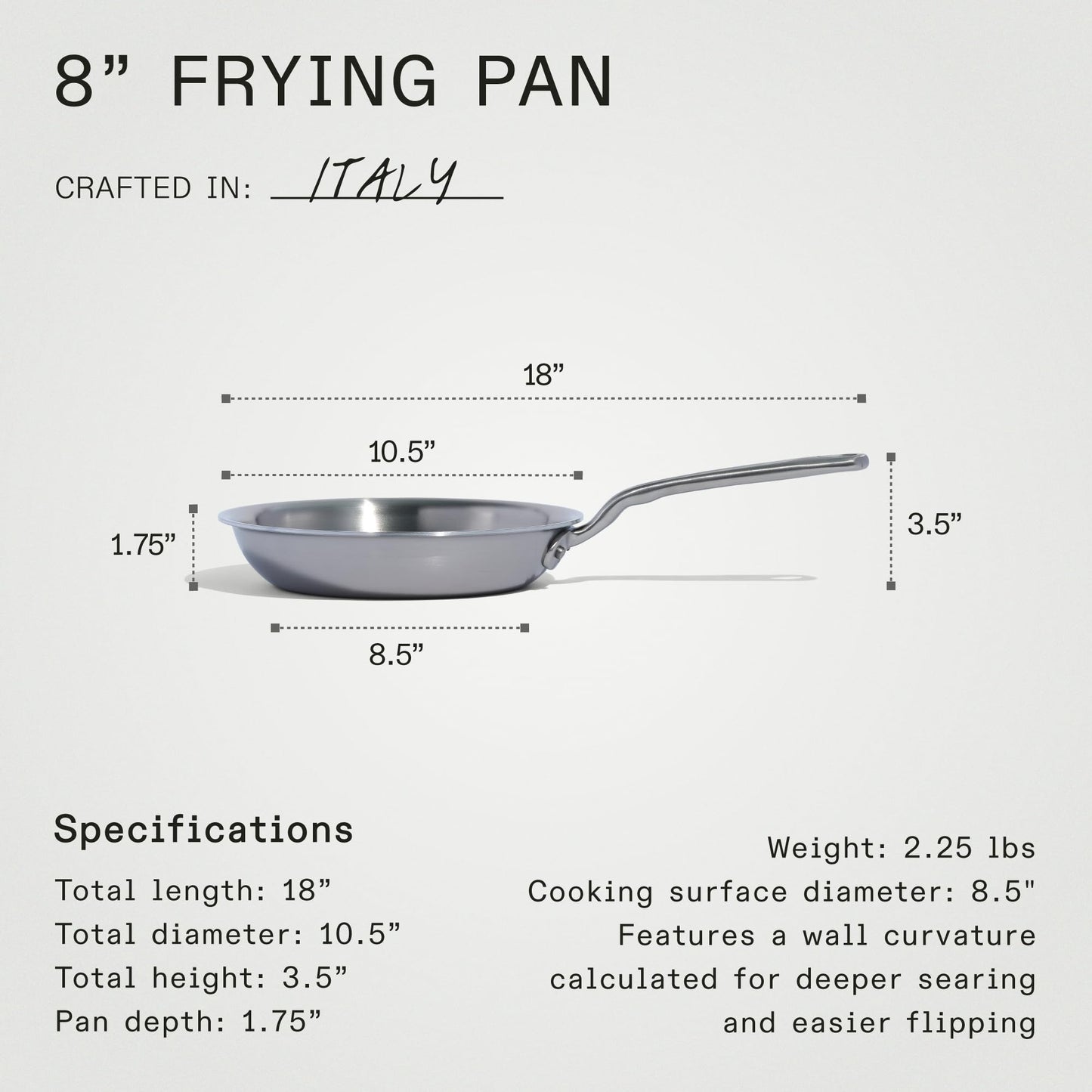 8-inch frying pan with dimensions and specifications on a white background