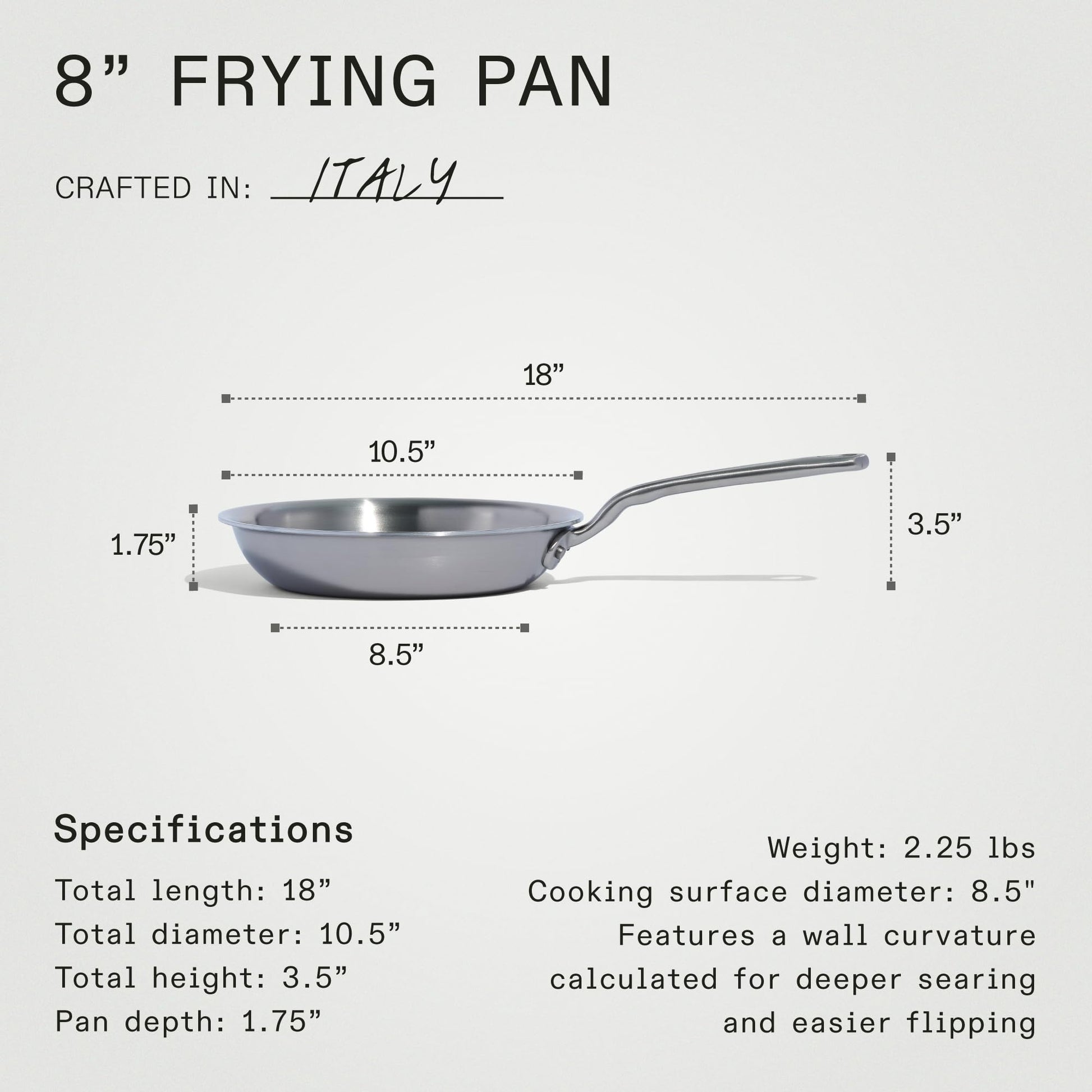 8-inch frying pan with dimensions and specifications on a white background