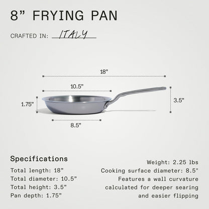8-inch frying pan with dimensions and specifications on a white background