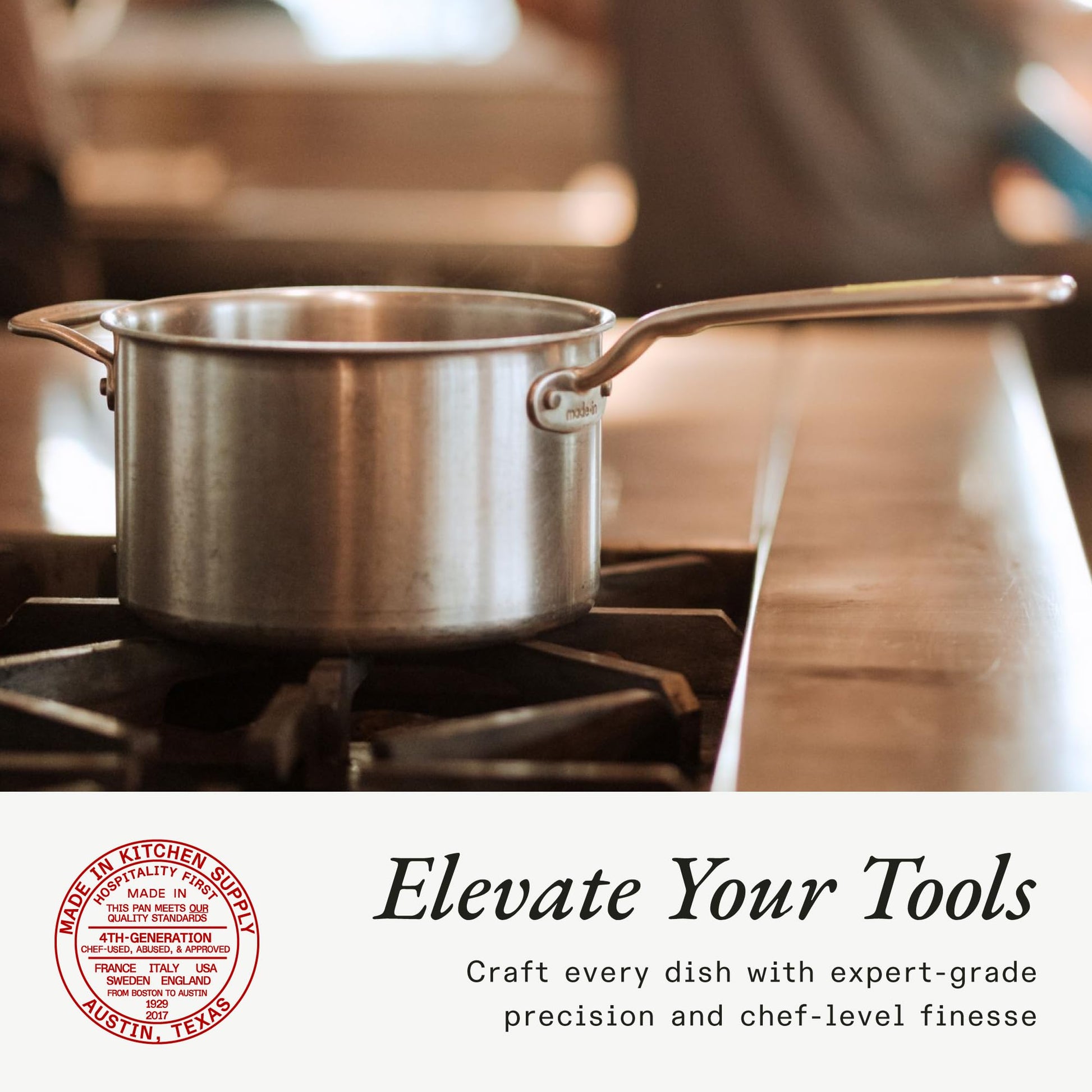 Stainless steel pot on a stove with promotional text and logo.