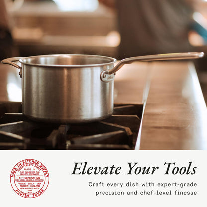 Stainless steel pot on a stove with promotional text and logo.