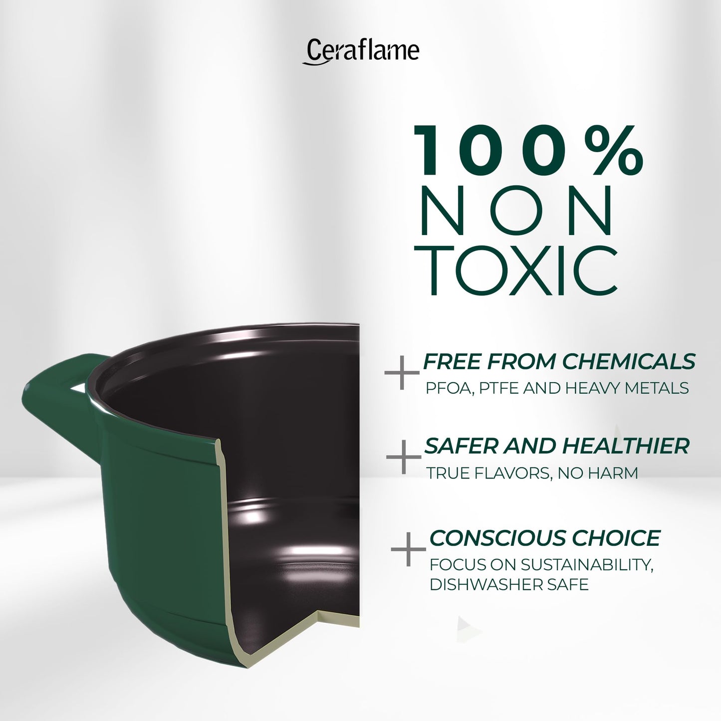 Green pot with Ceraflame branding and non-toxicity claims on a white background