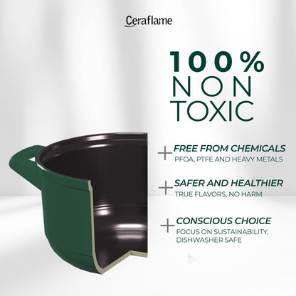 Green pot with Ceraflame branding and non-toxicity claims on a white background