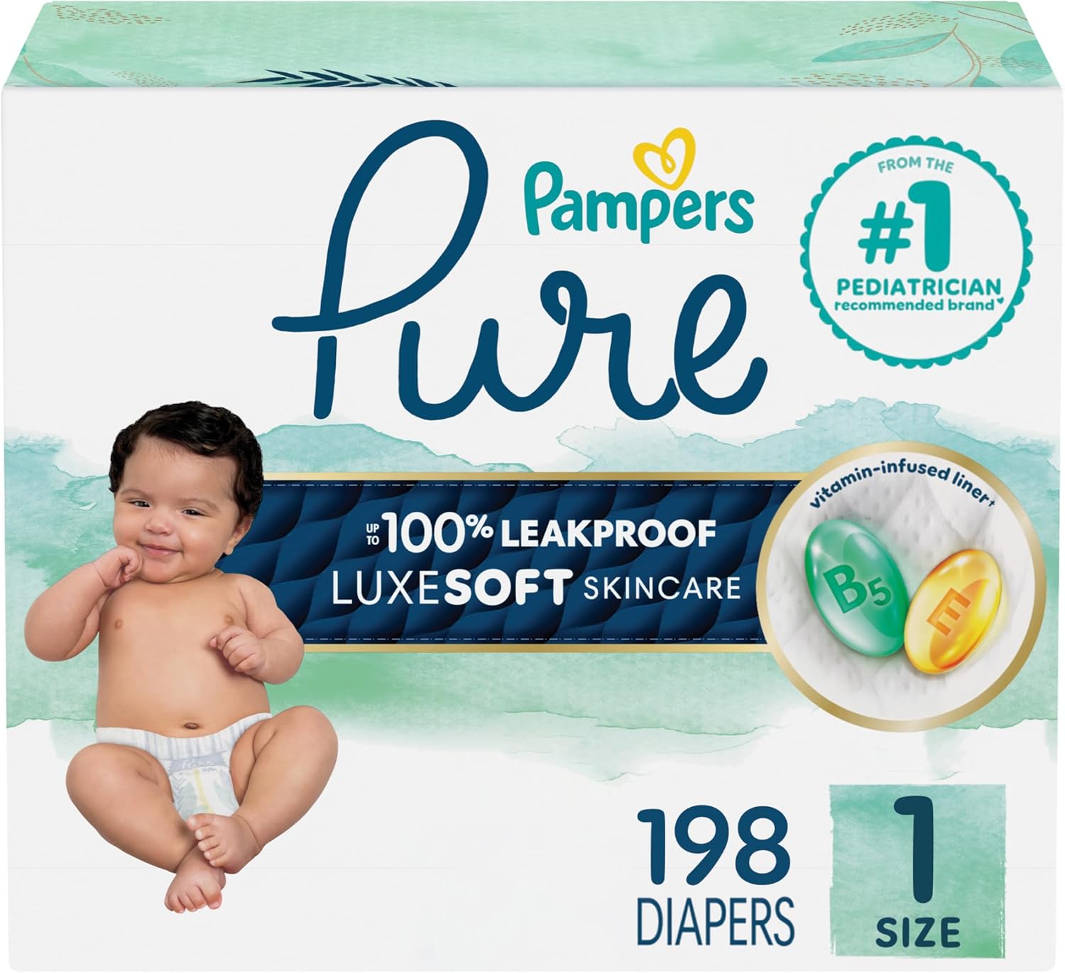 Pampers Pure diaper package with a baby on a white background
