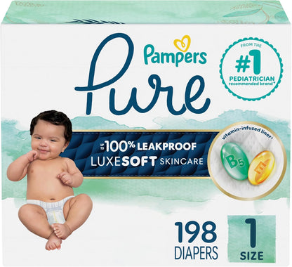 Pampers Pure diaper package with a baby on a white background