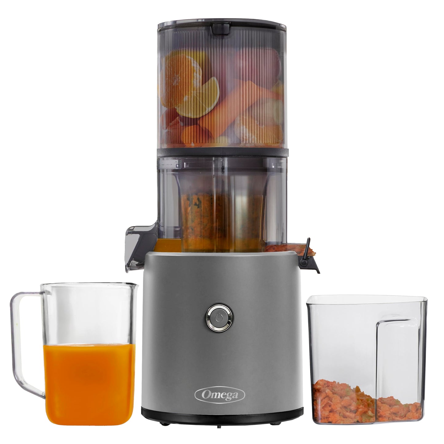 Omega juicer with fruits inside, a glass of juice, and a container on a white background