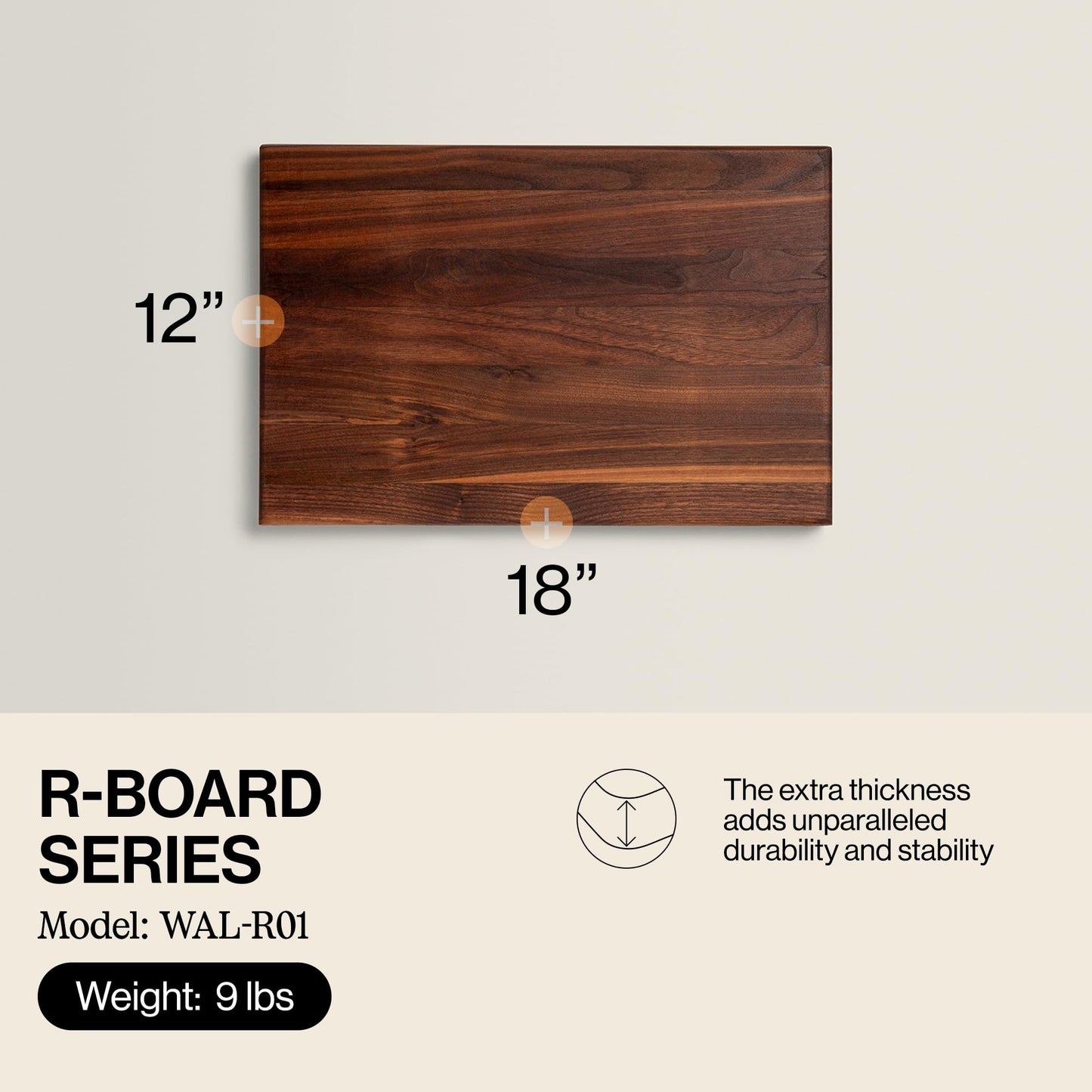 Wooden cutting board with dimensions and product details on a beige background