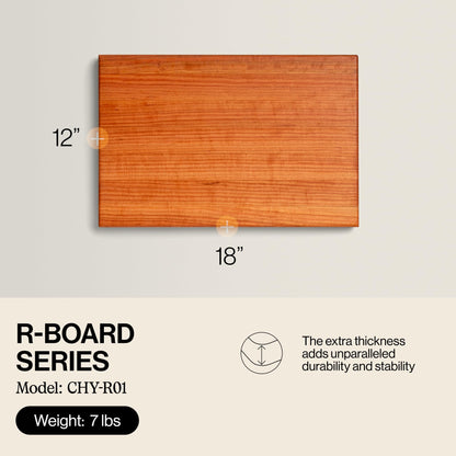 Wooden cutting board with dimensions and product details on a light background