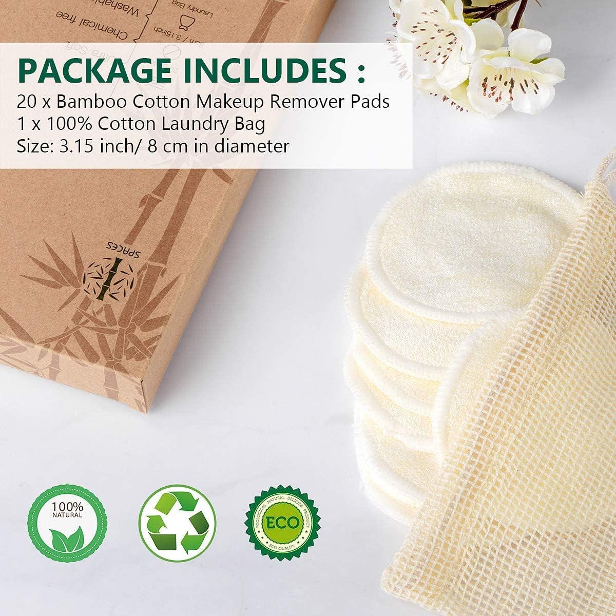 Organic Bamboo Reusable Makeup Remover Pads: 20-Pack with Laundry Bag