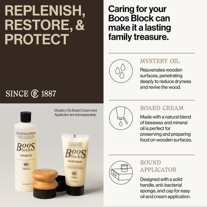 Boos Block product set with bottles and a tube on a light background, accompanied by text about product features and history.