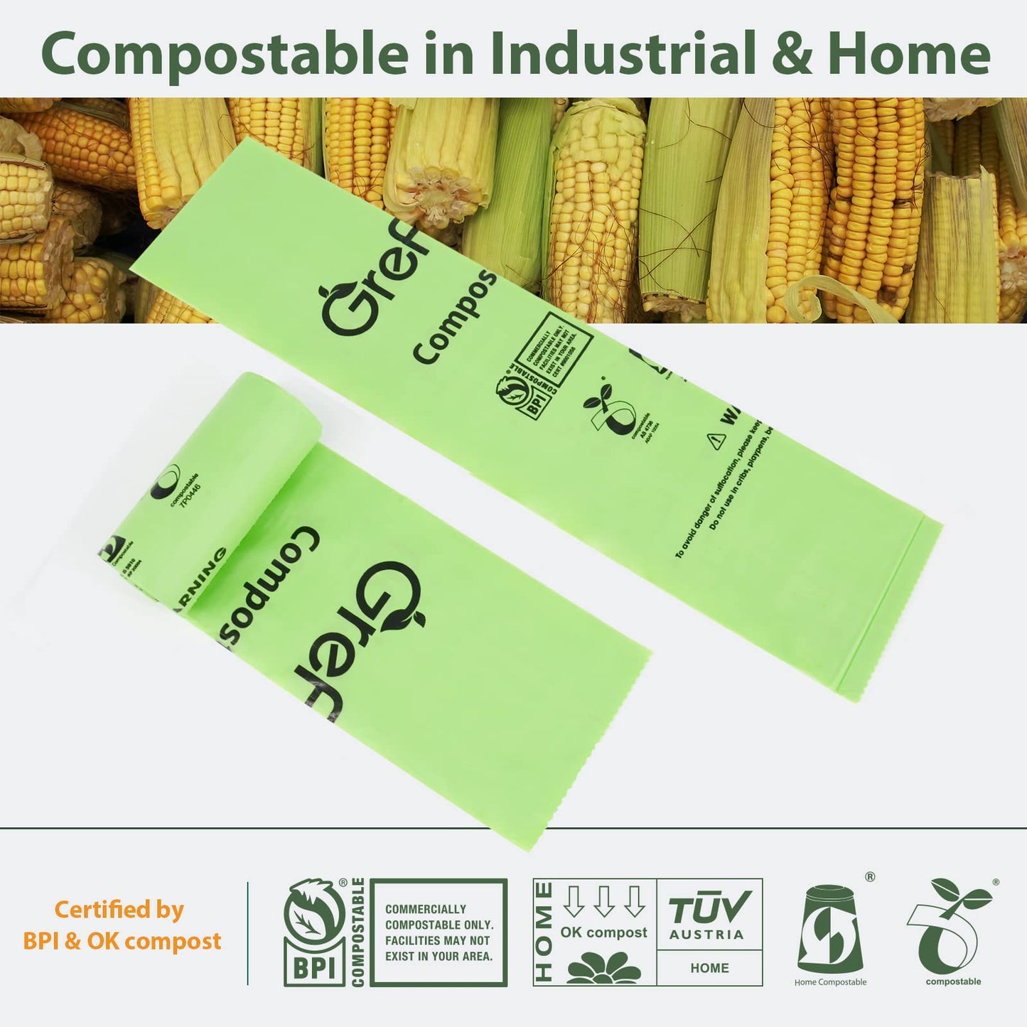 GreFusion 1.2 Gallon Compostable Bags - 125 Count (BPI Certified)