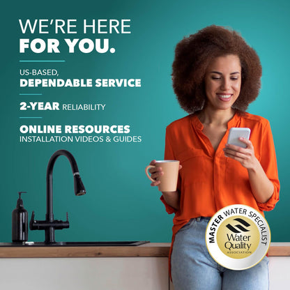 Woman in an orange shirt holding a phone and a cup in a kitchen, with text about service reliability and online resources.