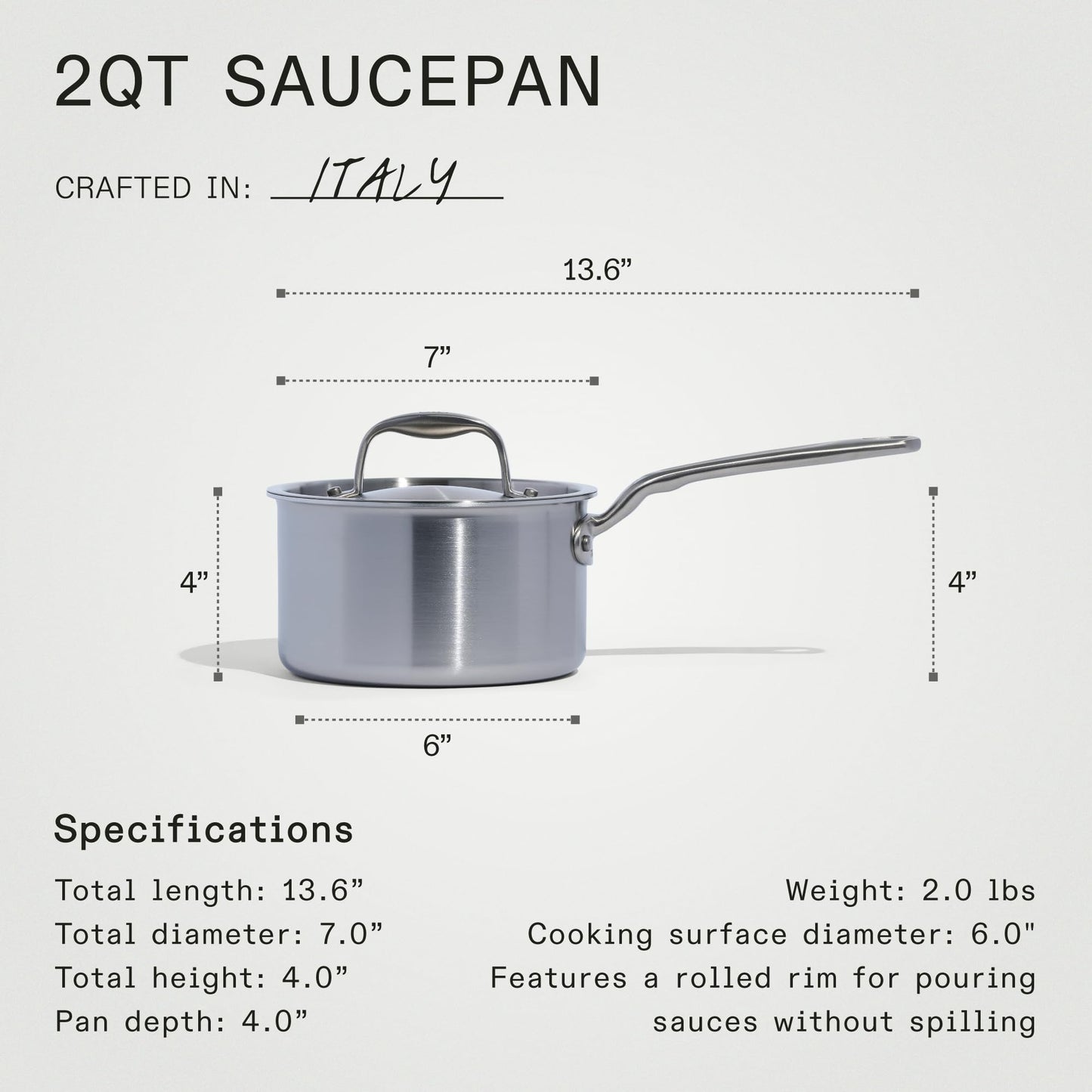 2QT saucepan with dimensions and specifications on a white background