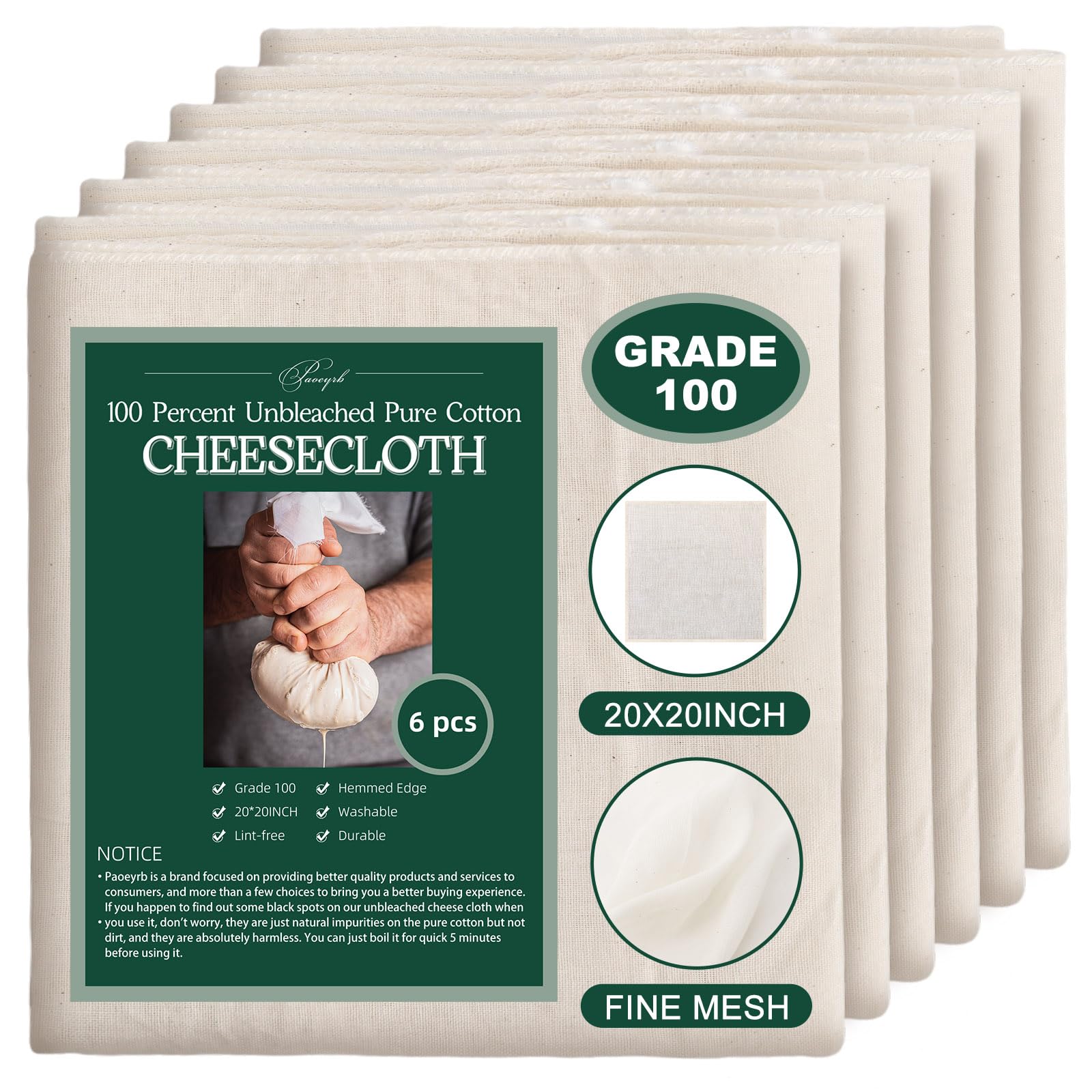 Pack of Grade 100 unbleached pure cotton cheesecloth with packaging displaying product details.