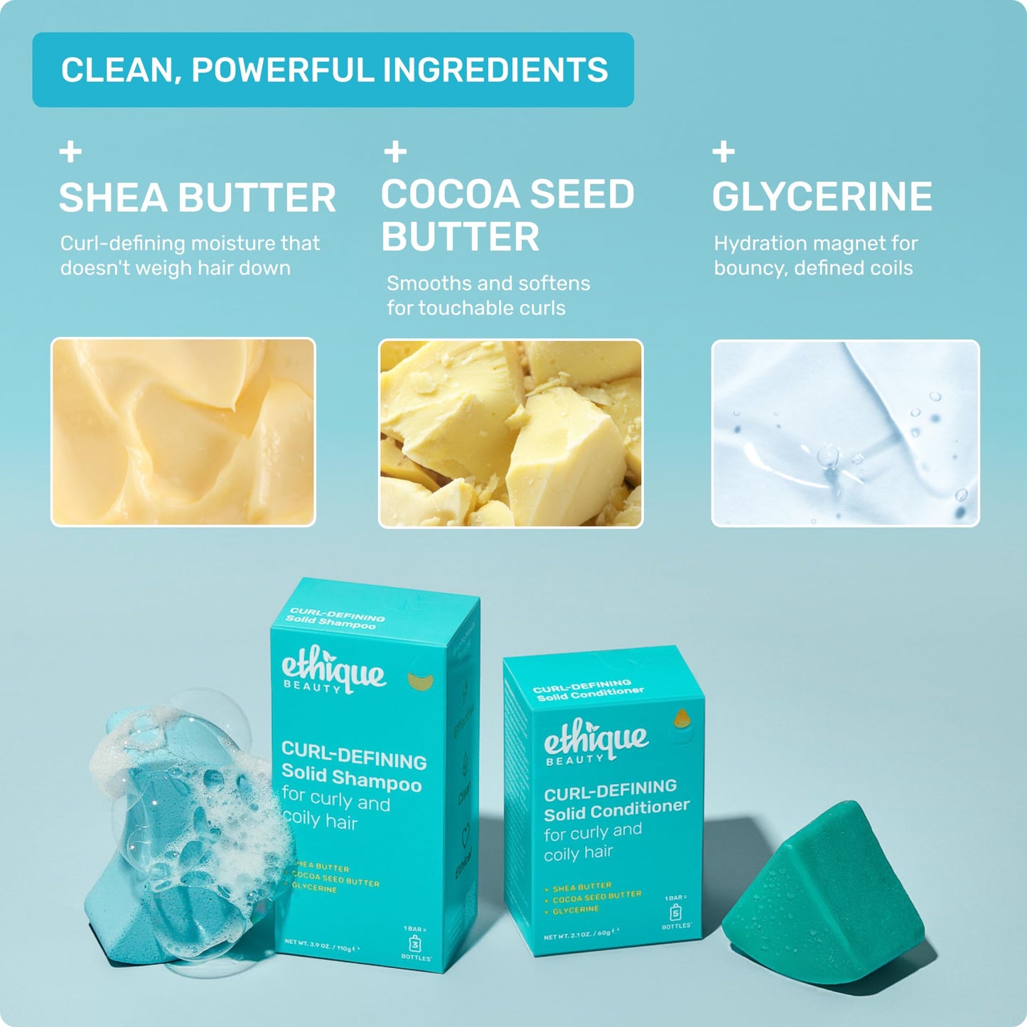 ethique beauty curl-defining solid shampoo and conditioner packaging with shea butter, cocoa seed butter, and glycerine ingredients on a light blue background.