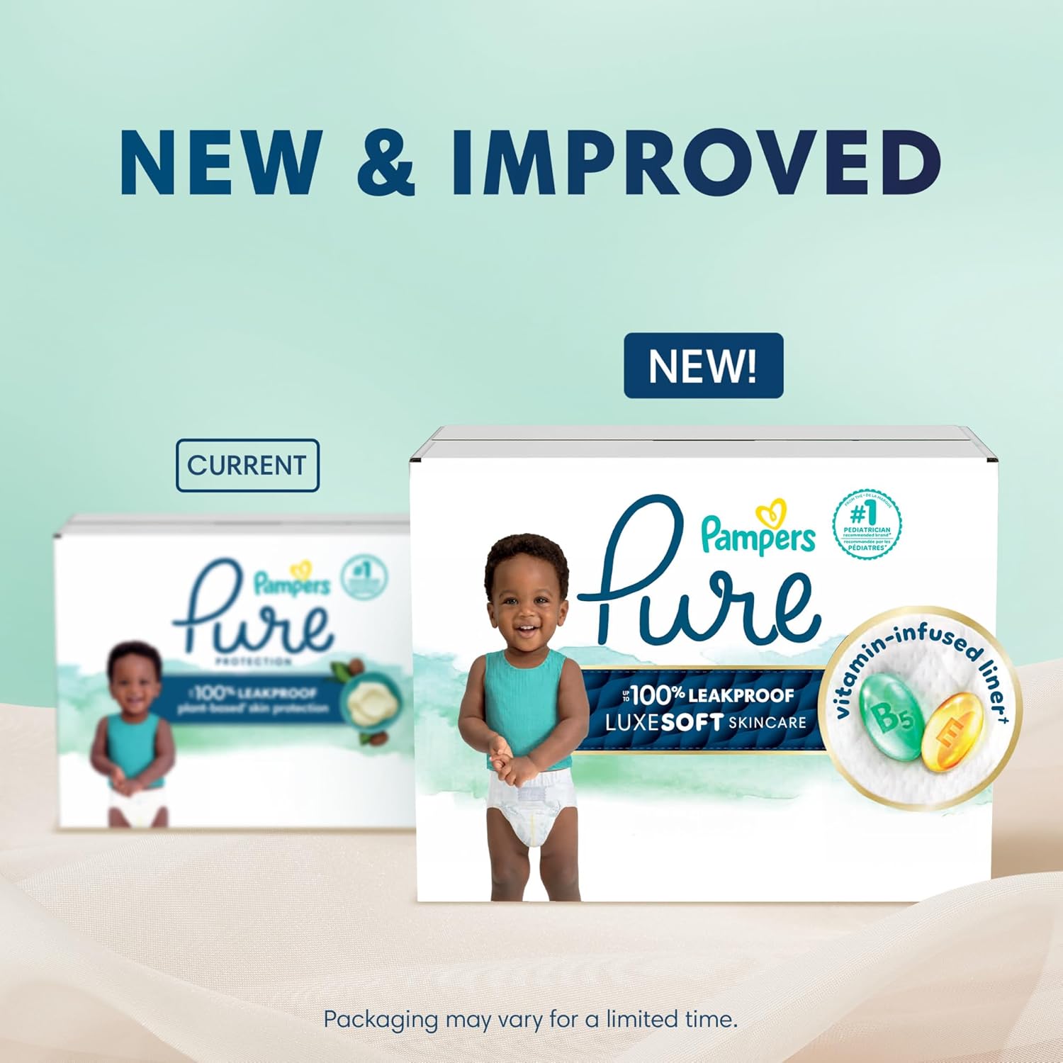 New and improved Pampers Pure diapers packaging comparison on a light green background