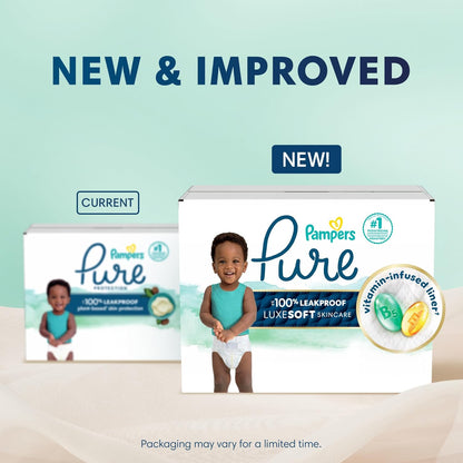 New and improved Pampers Pure diapers packaging comparison on a light green background