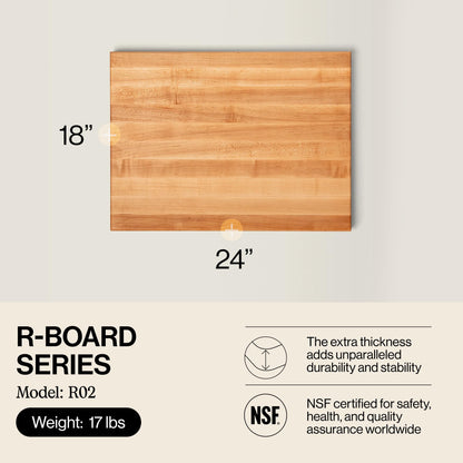 Wooden cutting board with dimensions and product details on a light gray background