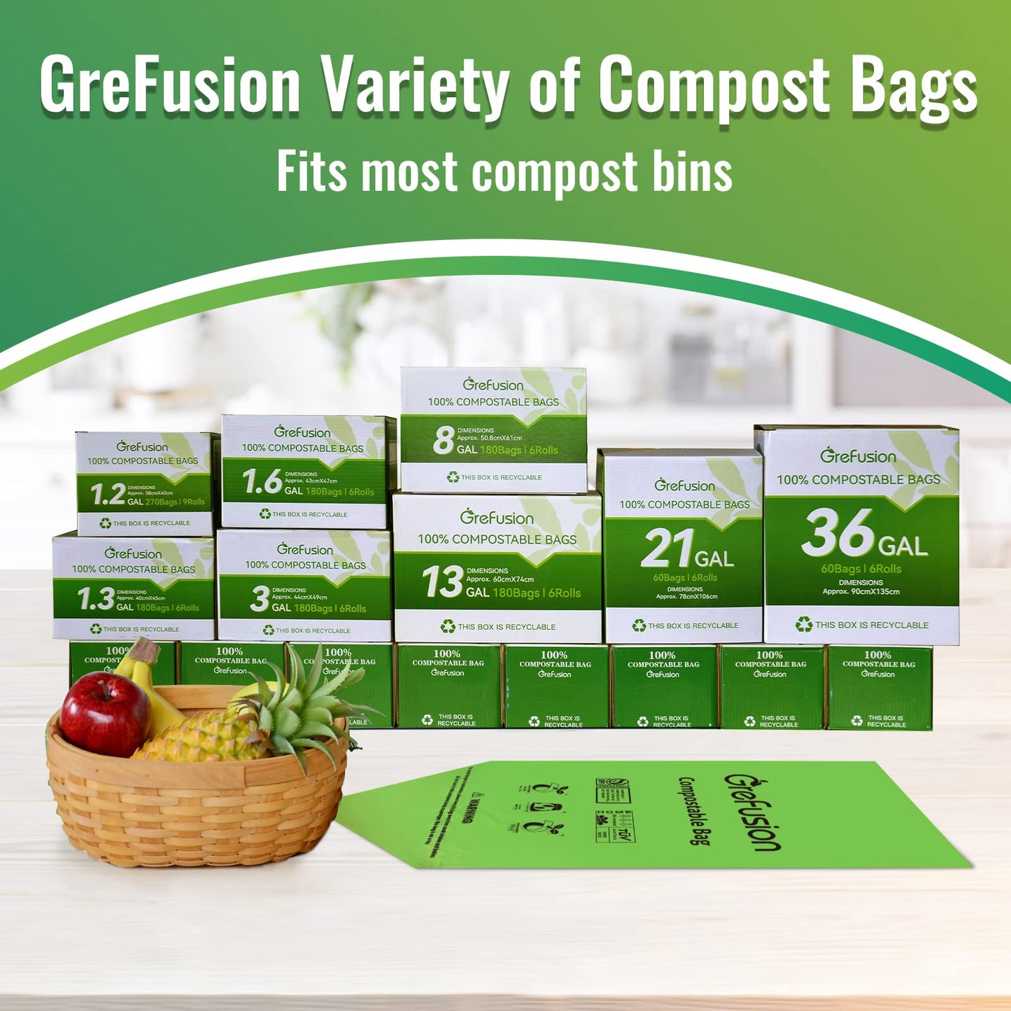 GreFusion 1.2 Gallon Compostable Bags - 125 Count (BPI Certified)