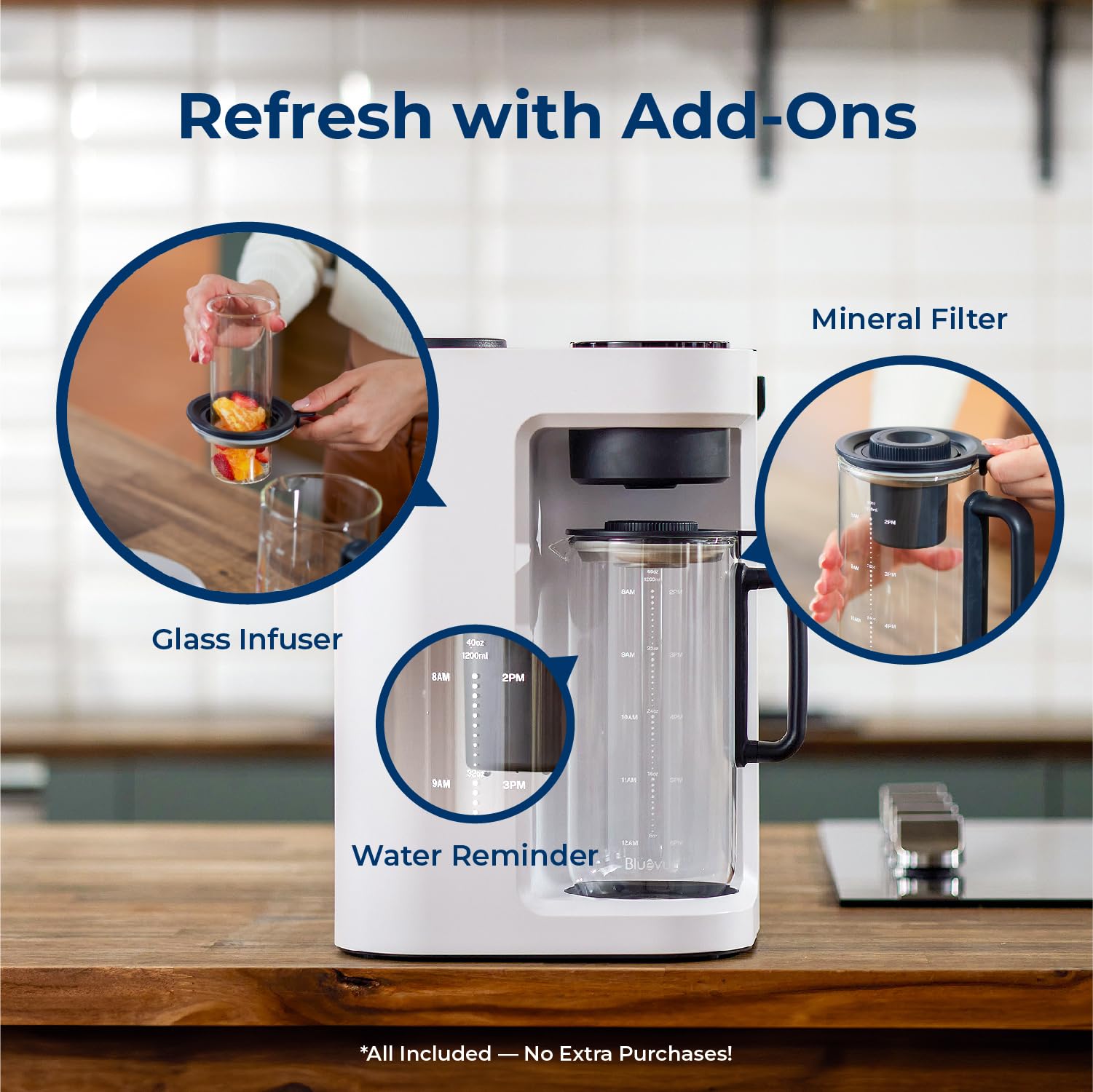 White coffee maker with glass infuser, mineral filter, and water reminder on a wooden table.