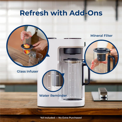 White coffee maker with glass infuser, mineral filter, and water reminder on a wooden table.