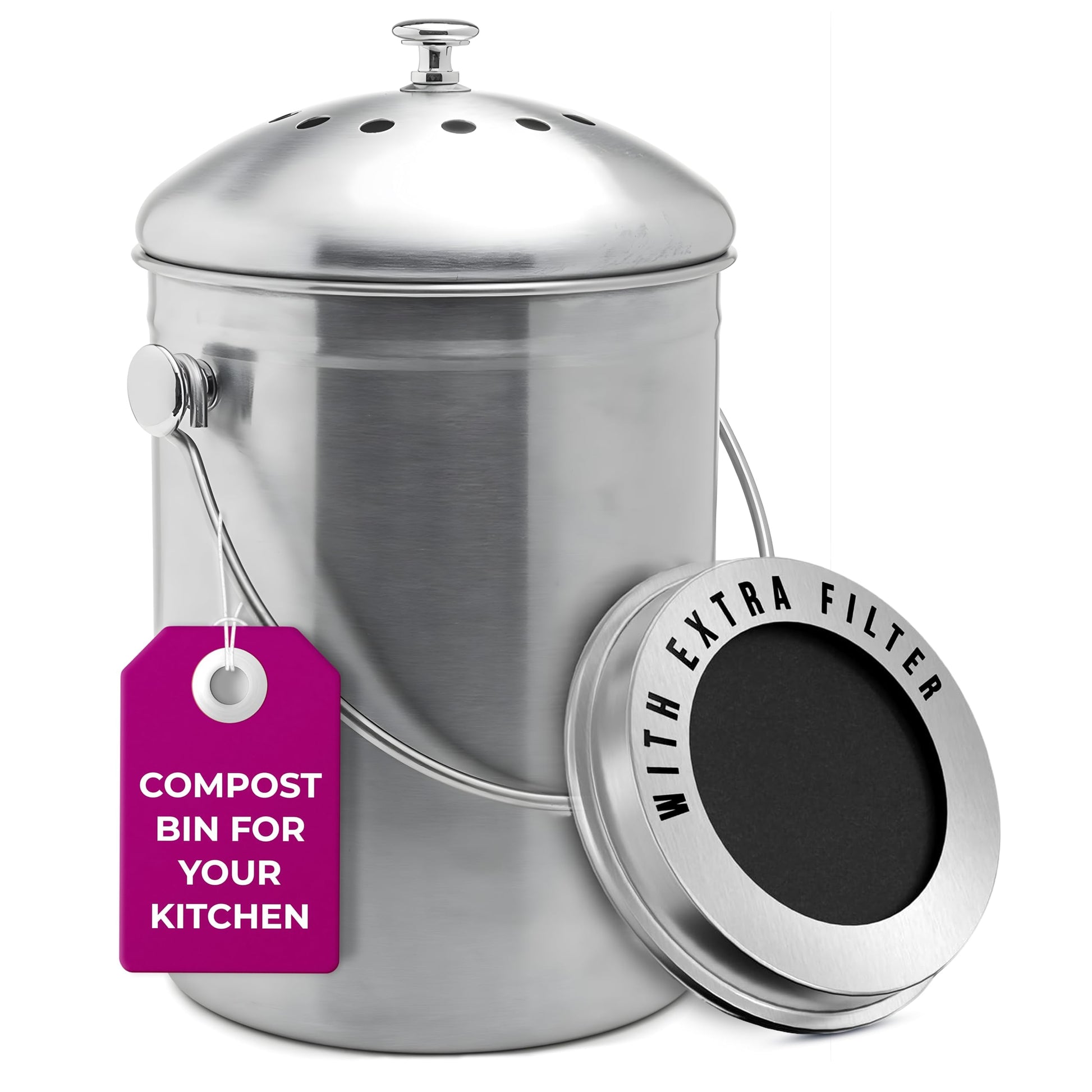 Stainless steel compost bin with an extra filter on a white background