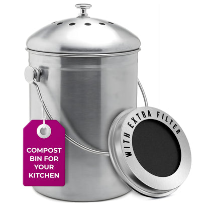 Stainless steel compost bin with an extra filter on a white background
