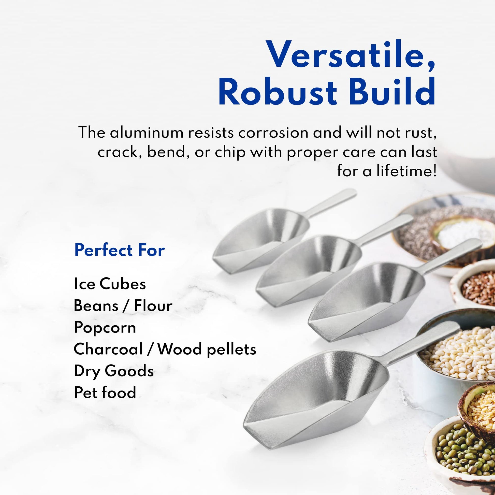 Set of metal scoops with text about their durability and uses on a white background