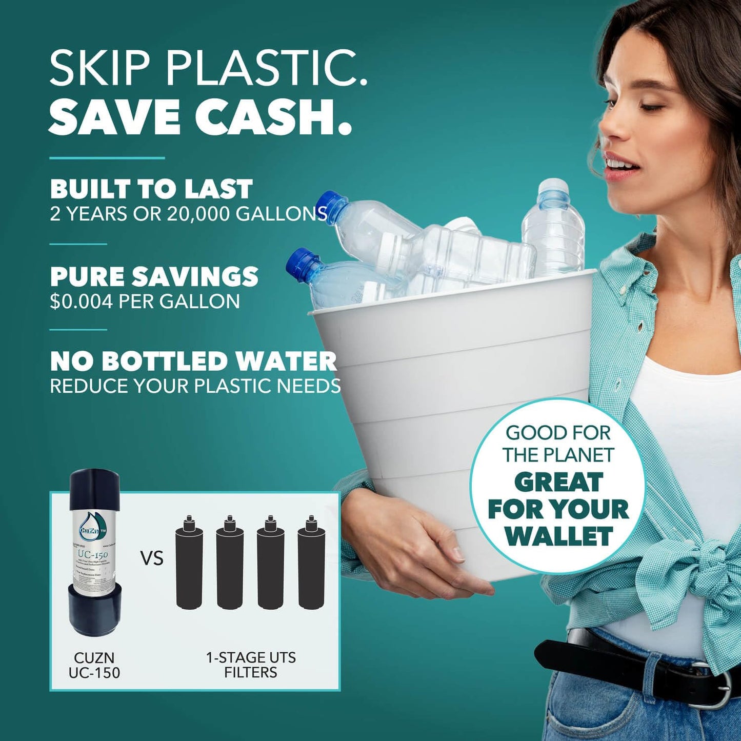 Person holding a bucket of bottled water with promotional text about skipping plastic and saving cash.