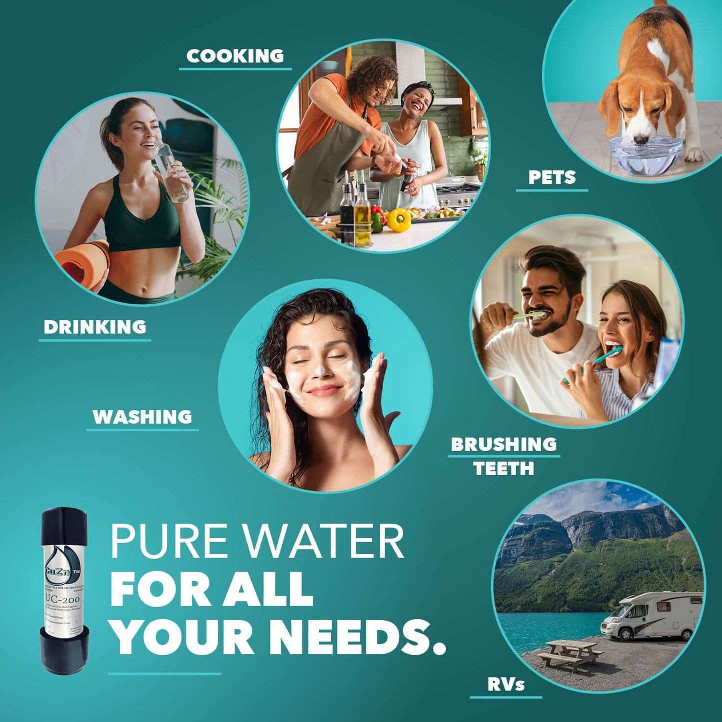 Advertisement for pure water with various uses including cooking, pets, drinking, washing, brushing teeth, and RVs on a green background.