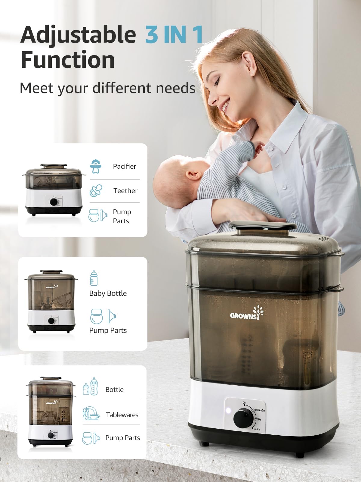 Grownsy 4-in-1 Bottle Sterilizer: Large 8-Bottle Steam Sanitizer
