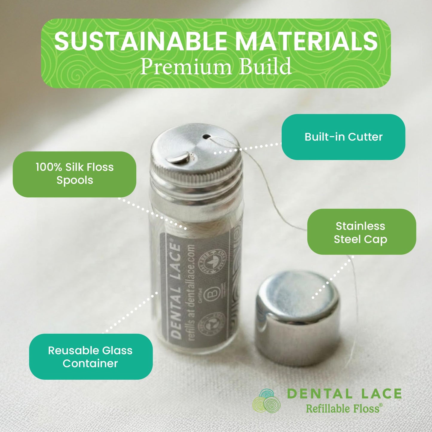 Refillable Silk Dental Floss, PFAS-Free, Glass Container – Dental Lace