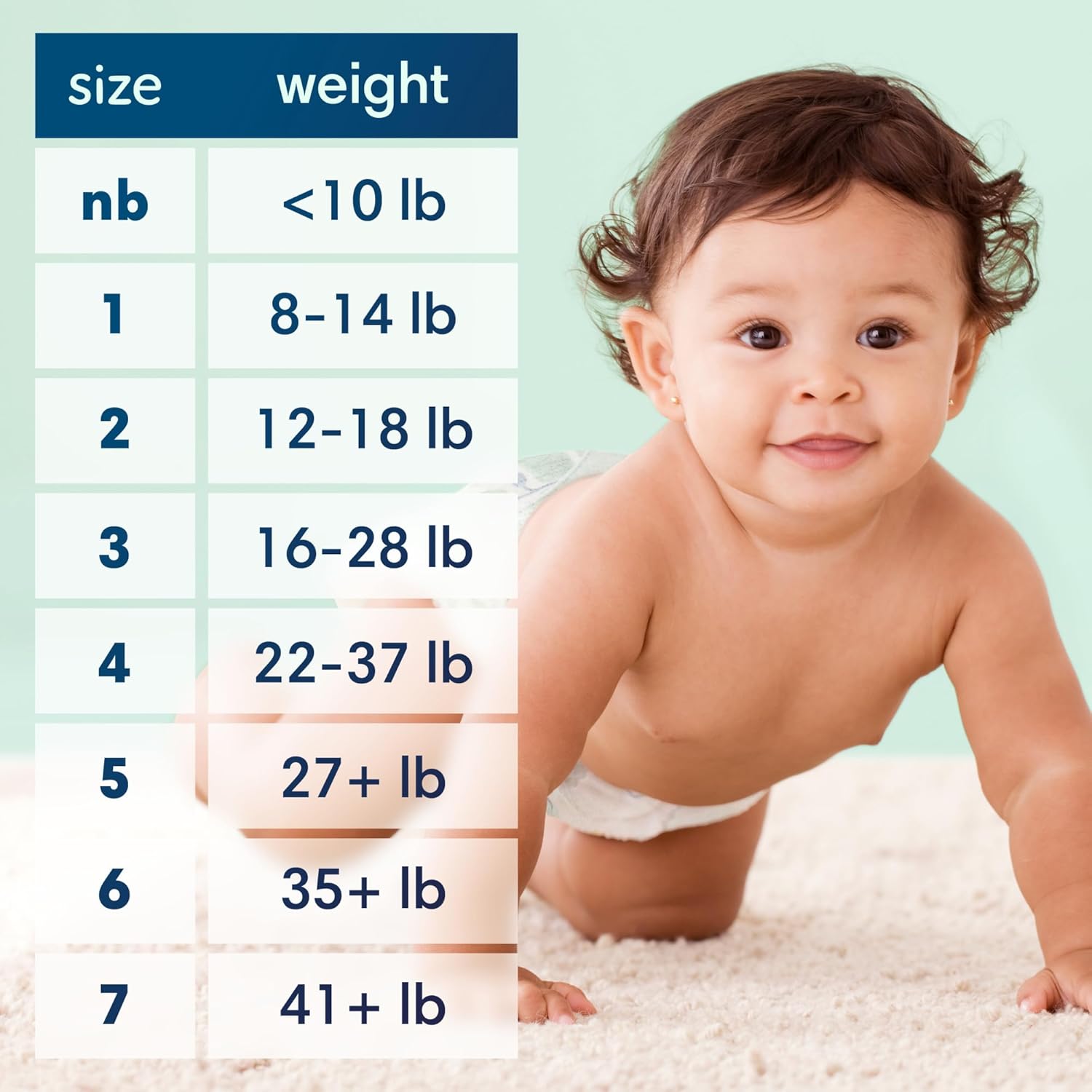 Baby crawling next to a size chart for baby diapers on a light green background