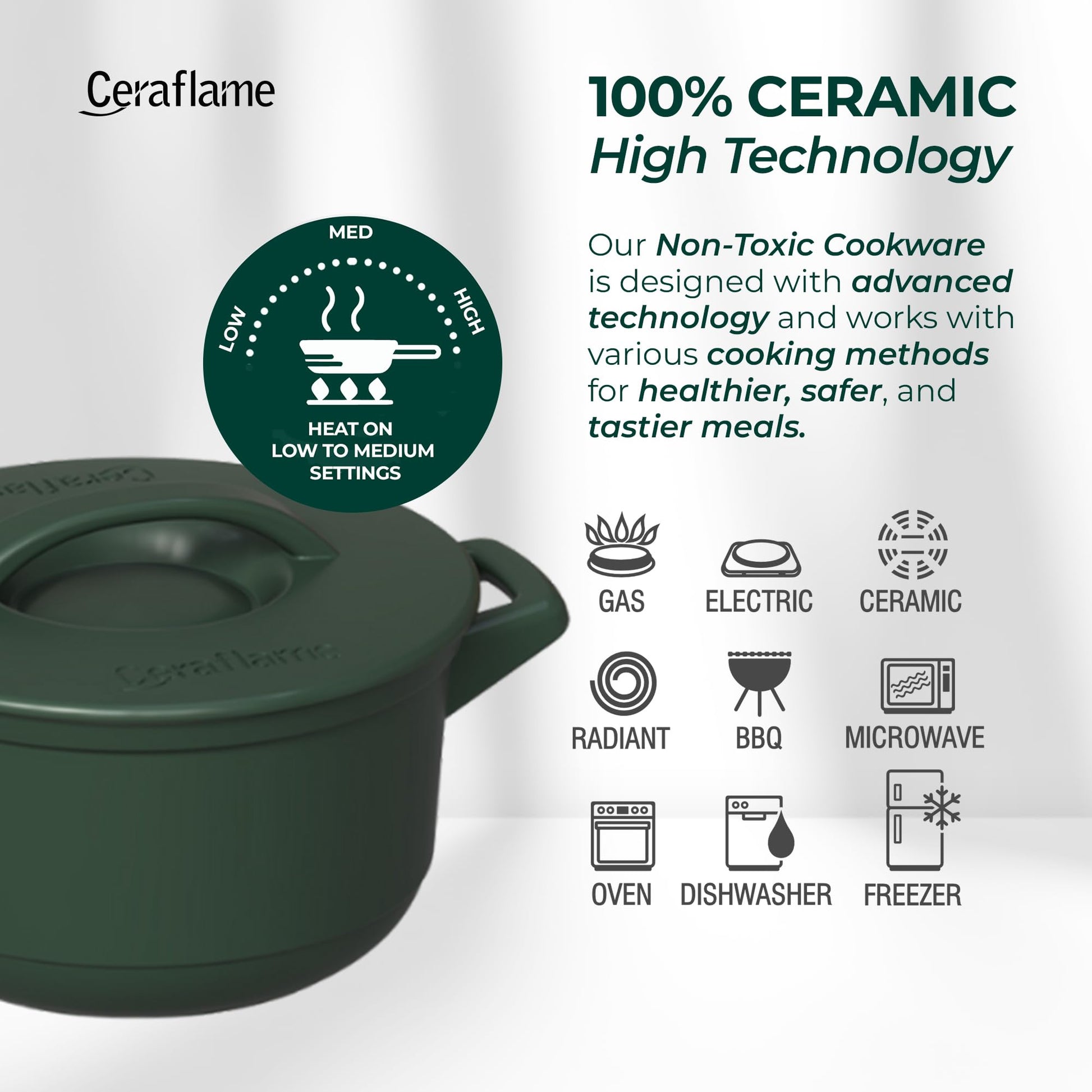 Ceraflame green ceramic cookware with features and compatibility icons on a white background