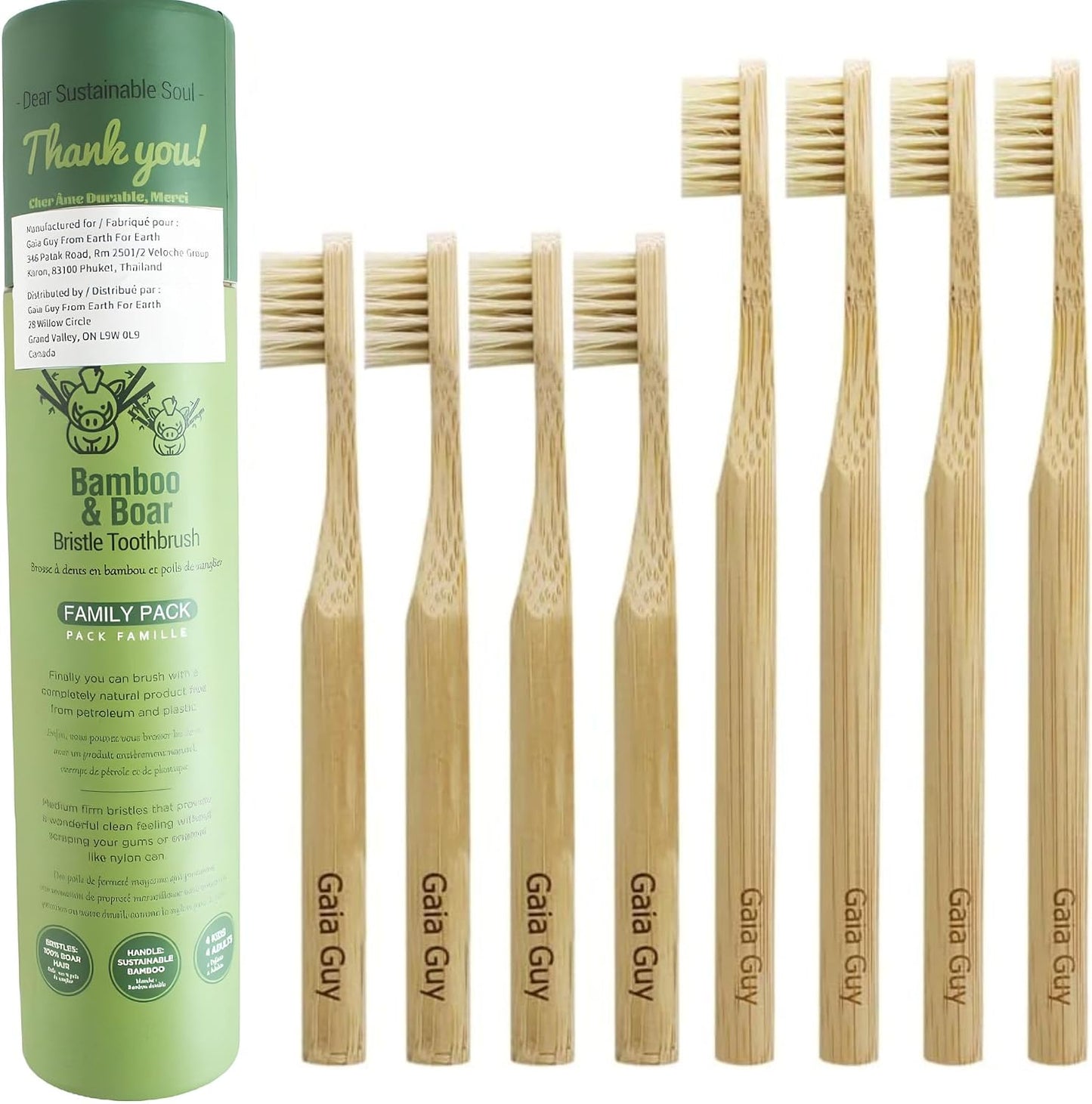 Set of bamboo toothbrushes with a green packaging labeled 'Gaia Guy' on a white background.