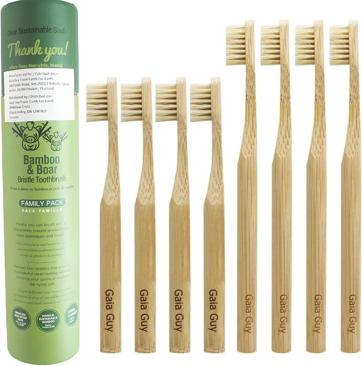 Set of bamboo toothbrushes with a green packaging labeled 'Gaia Guy' on a white background.