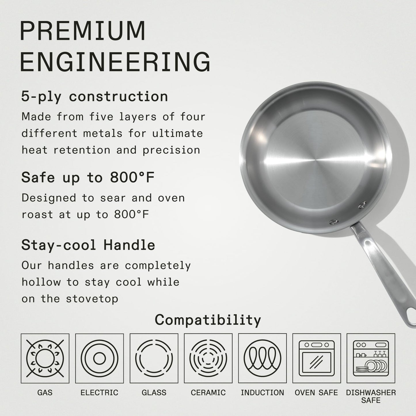 Stainless steel frying pan with text detailing its features on a gray background