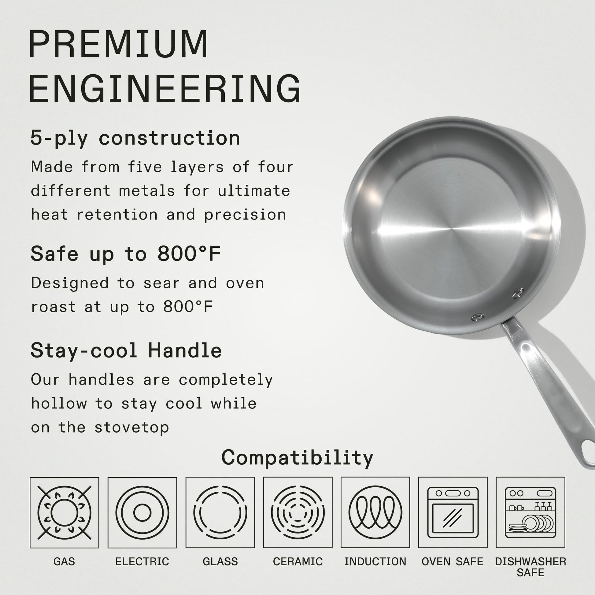 Stainless steel frying pan with text detailing its features on a gray background