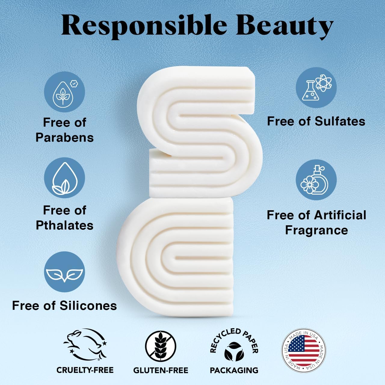 Bar of soap with 'Responsible Beauty' claims on a blue background